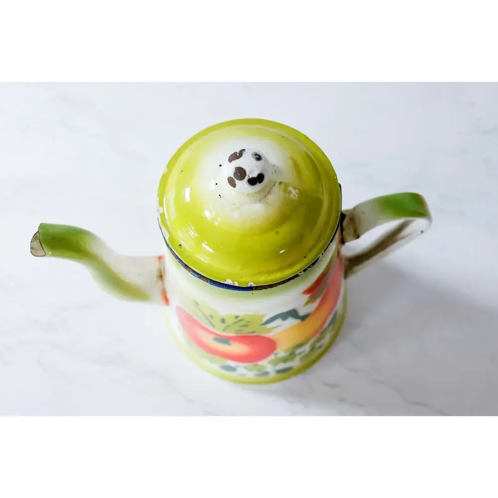 Vintage Fruit Enamelware Coffee Tea Pot MCM Retro Cottage Farm Grandma Tea Party
